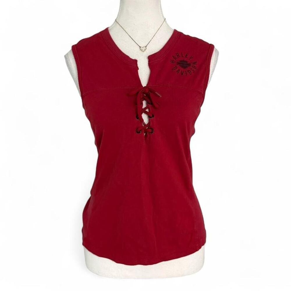 Harley Davidson red tank top lace up front and back graphic Size L grunge alt